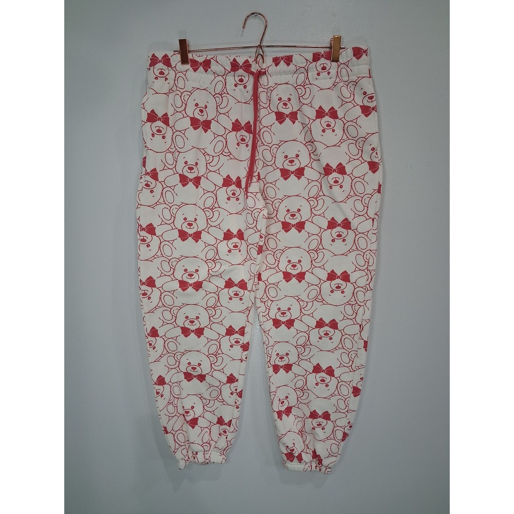 Wound Up Women Red Teddy Bear Print Fleece Jogger Sweatpants White XL 16-18